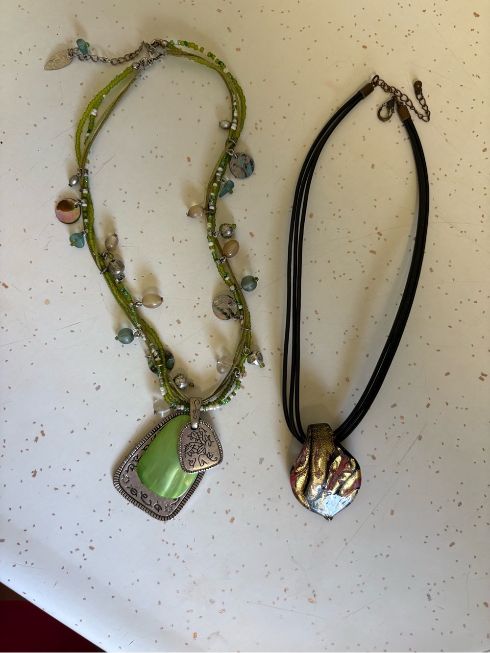 Vintage necklace Bundle- Green Layered Bead Pendant Necklace with Black and gold